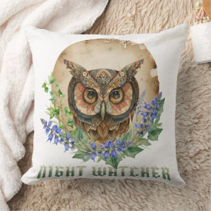 Night Watcher Boho Owl Illustration Throw Pillow