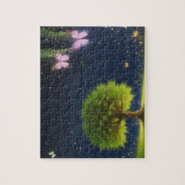 Night Willow Tree w/butterflies and fireflies Jigsaw Puzzle