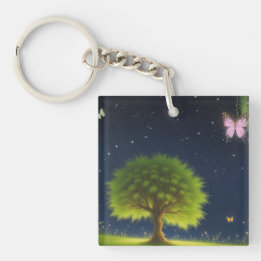 Night Willow Tree w/butterflies and fireflies Keychain