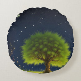 Night Willow Tree w/butterflies and fireflies Round Pillow