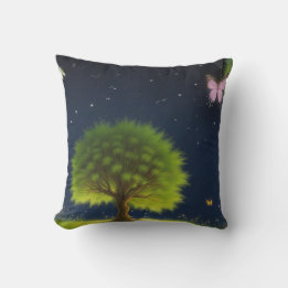 Night Willow Tree w/butterflies and fireflies Throw Pillow