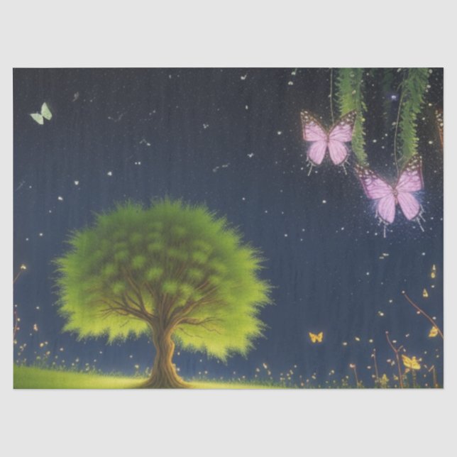 Night Willow Tree w/butterflies and fireflies Tissue Paper (Front)