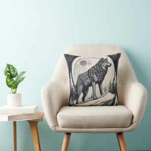 Night Wolf Howl – Moonlight & Forest Aesthetic Throw Pillow