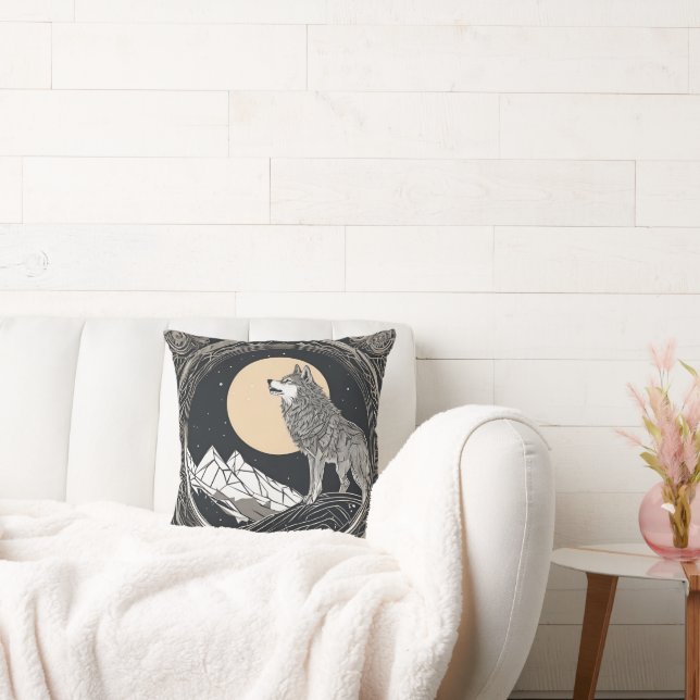 Night Wolf Howl – Moonlight & Forest Esthetic Throw Pillow (Couch)