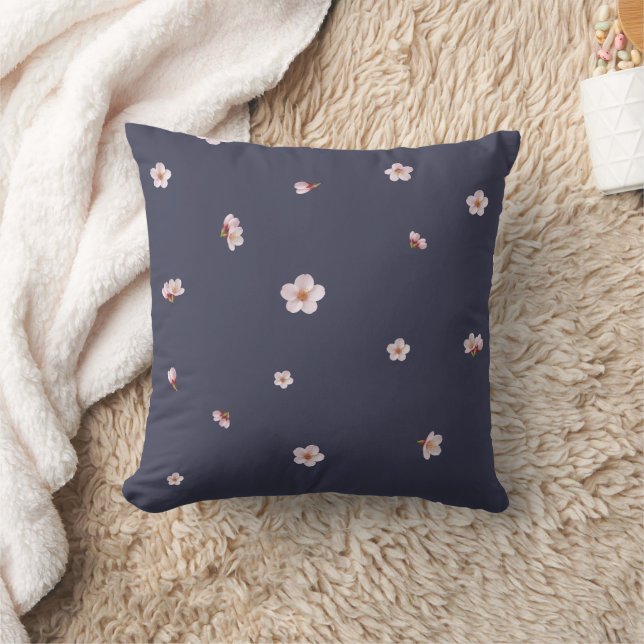Nightfall Navy Cherry Blossom Floral Pattern Throw Pillow (Blanket)