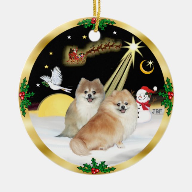 NightFlight-  Two Pomeranians Ceramic Ornament (Front)