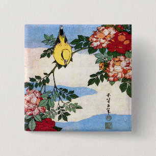 Nightingale & Roses Hokusai Japanese Fine Art 2 Inch Square Button