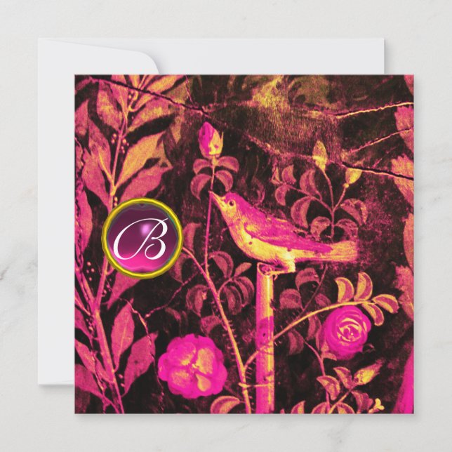 NIGHTINGALE WITH ROSES MONOGRAM, Pink Black Yellow Invitation (Front)