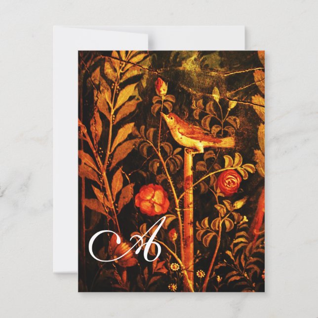 NIGHTINGALE WITH ROSES MONOGRAM, Red Black Yellow Invitation (Front)