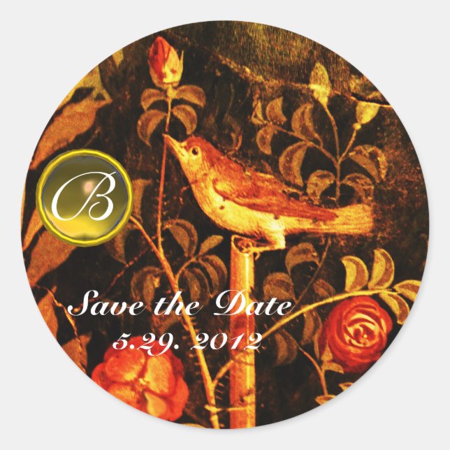 NIGHTINGALE WITH ROSES MONOGRAM Red Yellow Black Classic Round Sticker (Front)