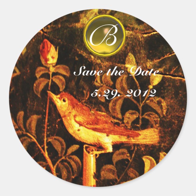 NIGHTINGALE WITH ROSES MONOGRAM Red Yellow Black Classic Round Sticker (Front)