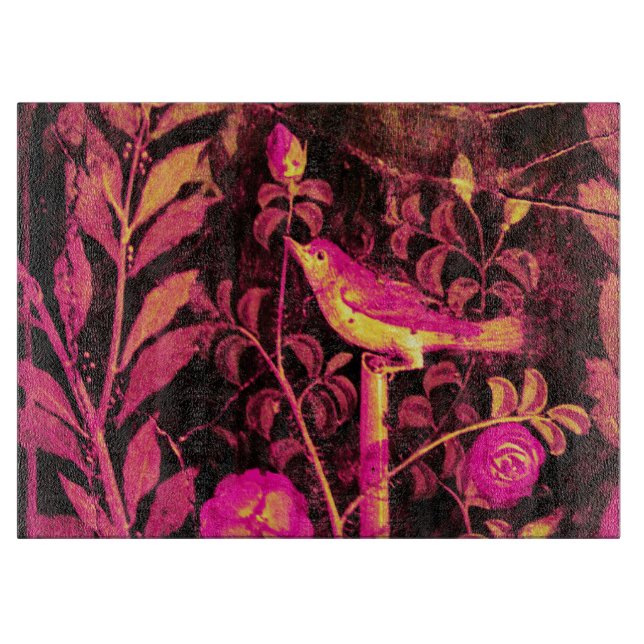 NIGHTINGALE WITH ROSES ,Pink,Fuchsia Black Yellow Cutting Board (Front)