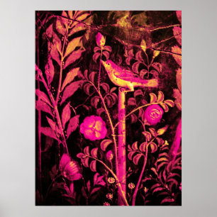 NIGHTINGALE WITH ROSES, Pink Fuchsia Black Yellow Poster