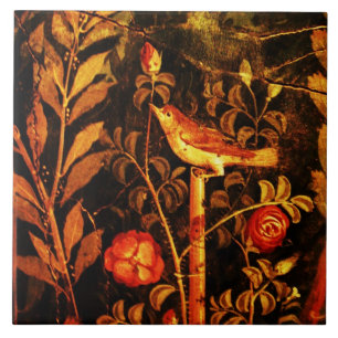 NIGHTINGALE WITH ROSES, Red Black Yellow Pompeii Tile