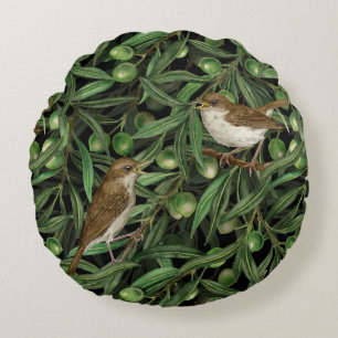 Nightingales in the olive tree 3 round pillow