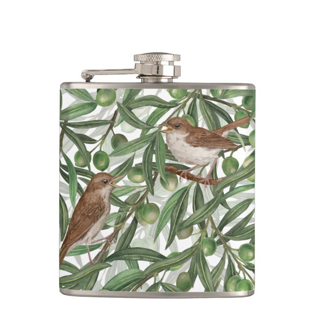 Nightingales in the olive tree hip flask (Front)