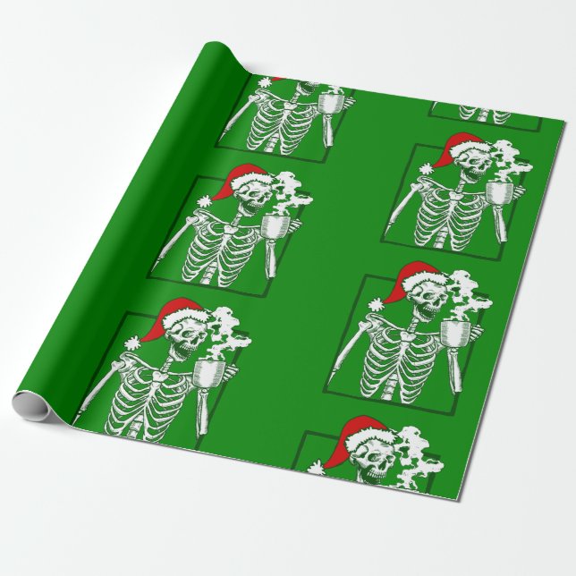 nightmare christmas skeleton drinking coffee skull wrapping paper (Unrolled)