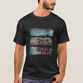 Nighttime Cityscape Ferris Wheel Fireworks T-Shirt