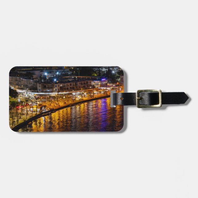 Nighttime drone view of Paphos Seafront Luggage Tag (Front Horizontal)