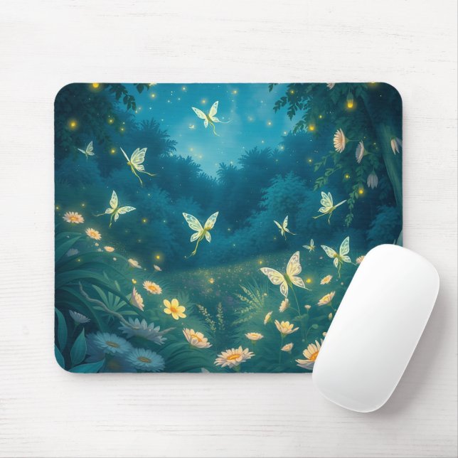 Nighttime garden with flowers and fireflies mouse pad (With Mouse)