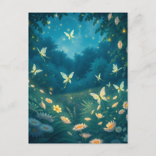 Nighttime garden with flowers and fireflies postcard