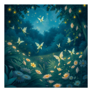 Nighttime garden with flowers and fireflies poster