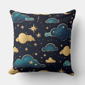 NIGHTTIME SKY WITH BLUE & GOLD CLOUDS AND STARS THROW PILLOW