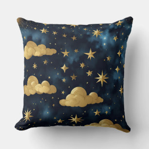NIGHTTIME SKY WITH BLUE & GOLD CLOUDS AND STARS THROW PILLOW