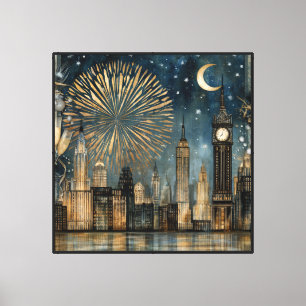 Nighttime Skyline Fireworks Celebration Canvas Print