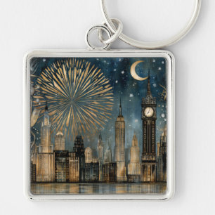 Nighttime Skyline Fireworks Celebration Keychain