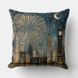 Nighttime Skyline Fireworks Celebration Throw Pillow