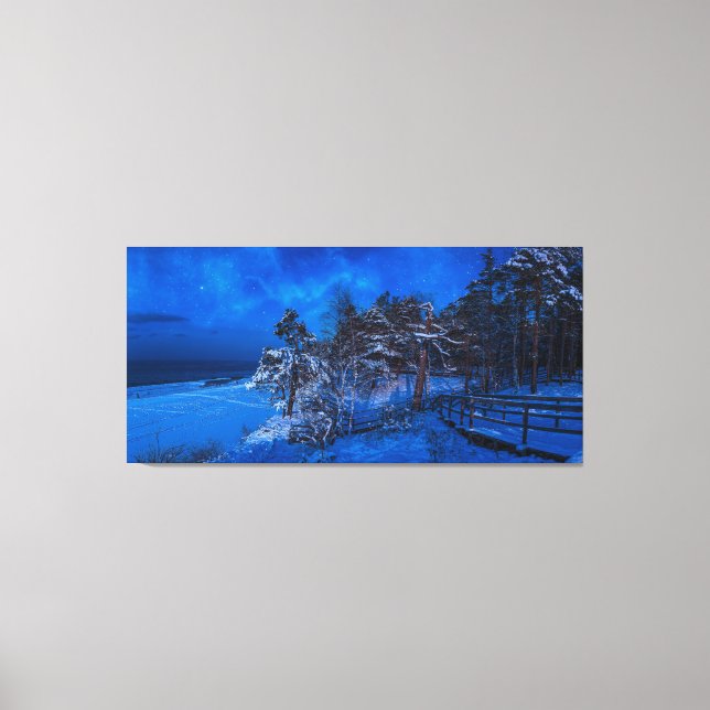 Nighttime winter scene with snow covered pines canvas print (Front)