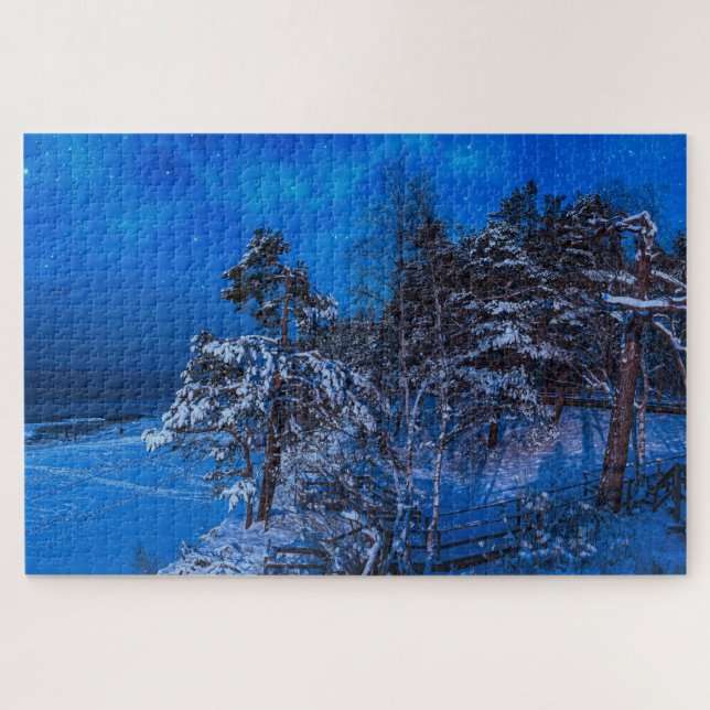 Nighttime winter scene with snow covered pines jigsaw puzzle (Horizontal)