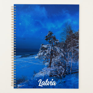 Nighttime winter scene with snow covered pines planner