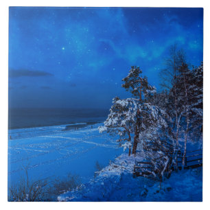 Nighttime winter scene with snow covered pines tile