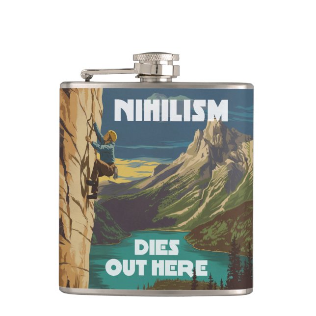 Nihilism Dies Out Here Rock Climbing Hip Flask (Front)