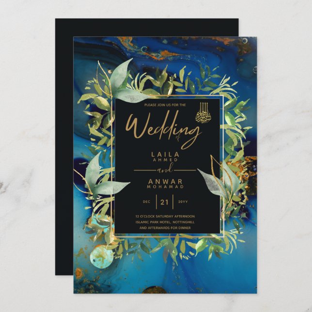 NIKAH - Blue Gold Islamic Wedding Invitations (Front/Back)