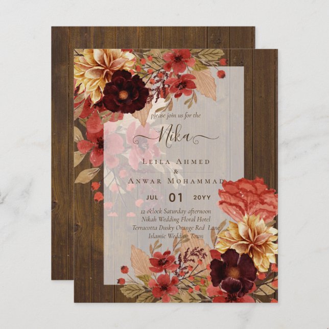 NIKAH - Floral BUDGET  Islamic Wedding Invitation (Front/Back)