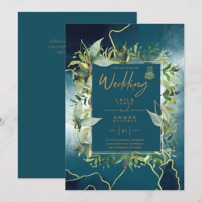 NIKAH - Invitations de mariage islamique d'or bleu (Devant / Derrière)