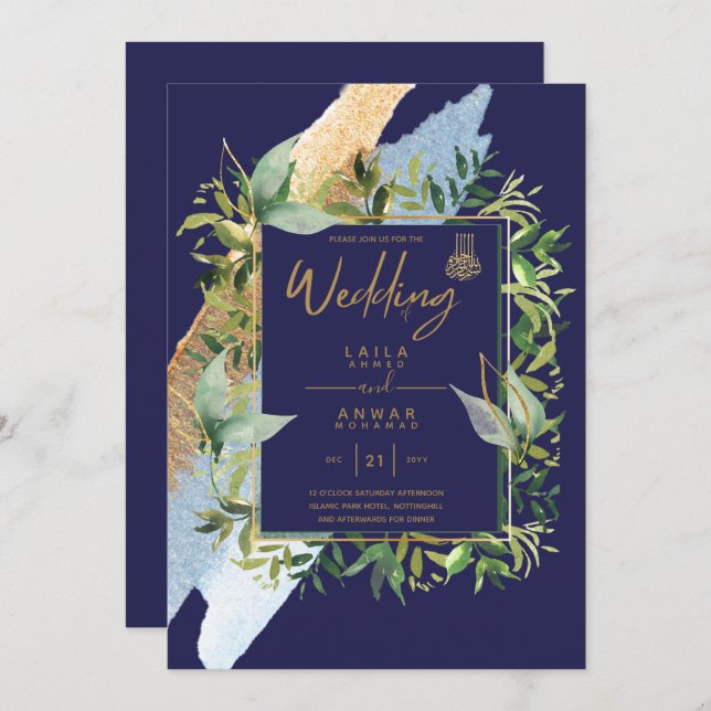 NIKAH - Invitations de mariage islamique d'or bleu (Devant / Derrière)