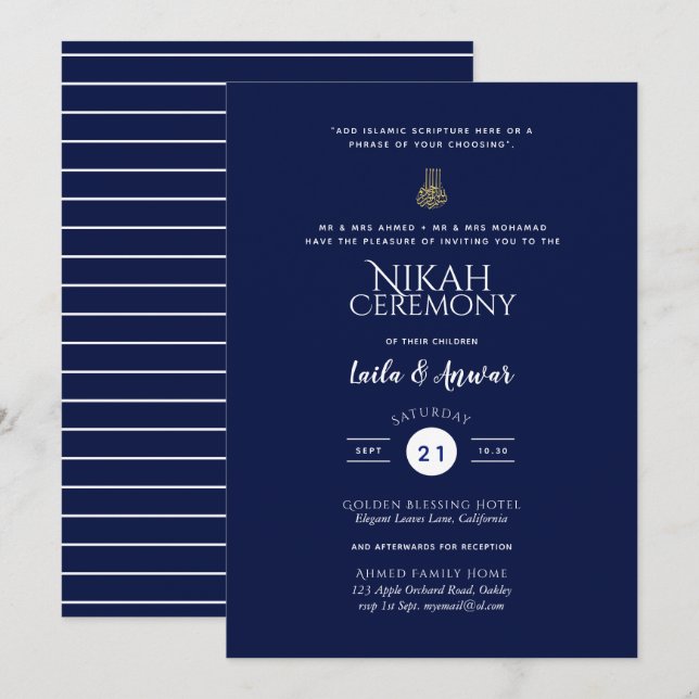 Nikah - Invitations modernes de mariage islamique (Devant / Derrière)