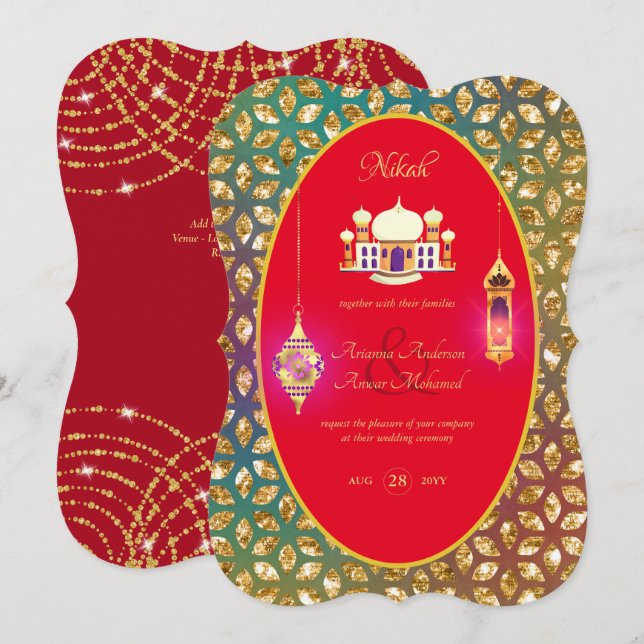 NIKAH - Mosquée Ornée Faire-part de mariage Rouge  (Devant / Derrière)
