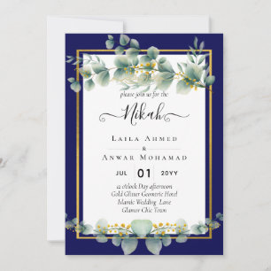 NIKAH NAVY BLUE GOLD Greenery Eucalyptus Wedding Invitation