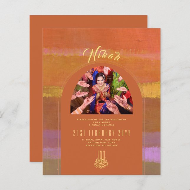 NIKAH Orange Gold PHOTO Wedding Invitation (Front/Back)