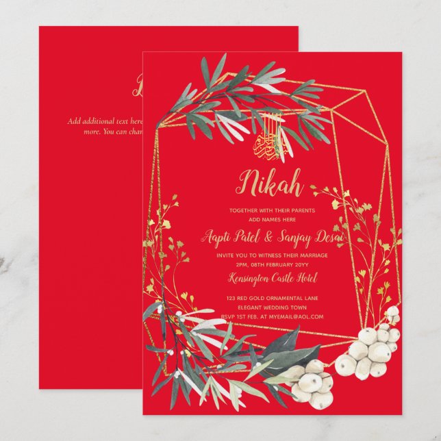 Nikah Red Gold Greenery Islamic Wedding Invite (Front/Back)