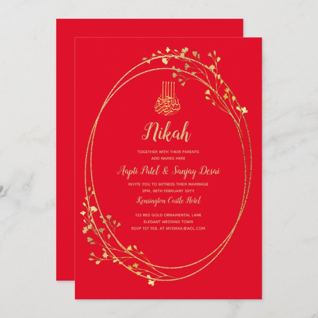 Nikah Red Gold Islamic Motif Wedding Invite (Front/Back)
