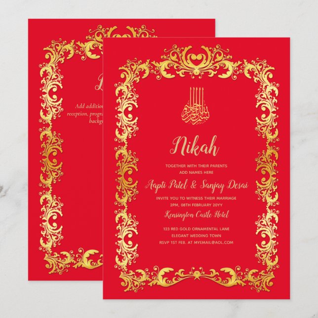 Nikah Red Gold Islamic Motif Wedding Invite (Front/Back)