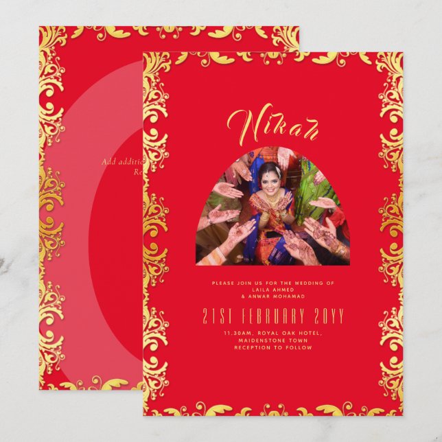 NIKAH Red Gold Photo Wedding Engagement Invitation (Front/Back)