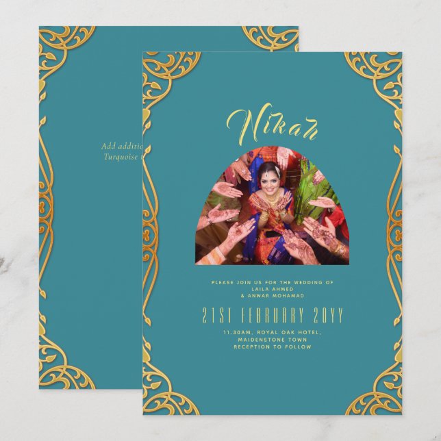 NIKAH Teal Gold PHOTO Islamic Wedding Invitation (Front/Back)