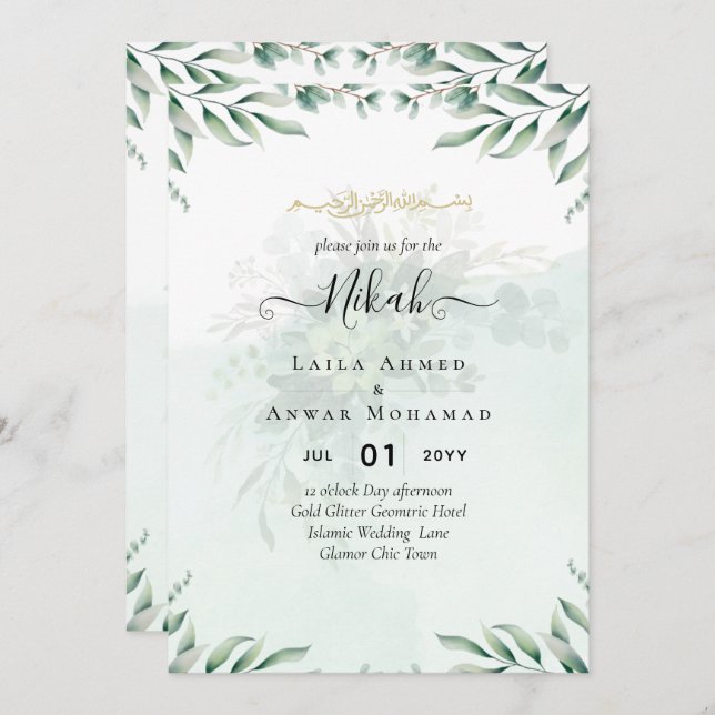 Nikah Walima GREENERY WEDDING INVITATION Islamic (Front/Back)